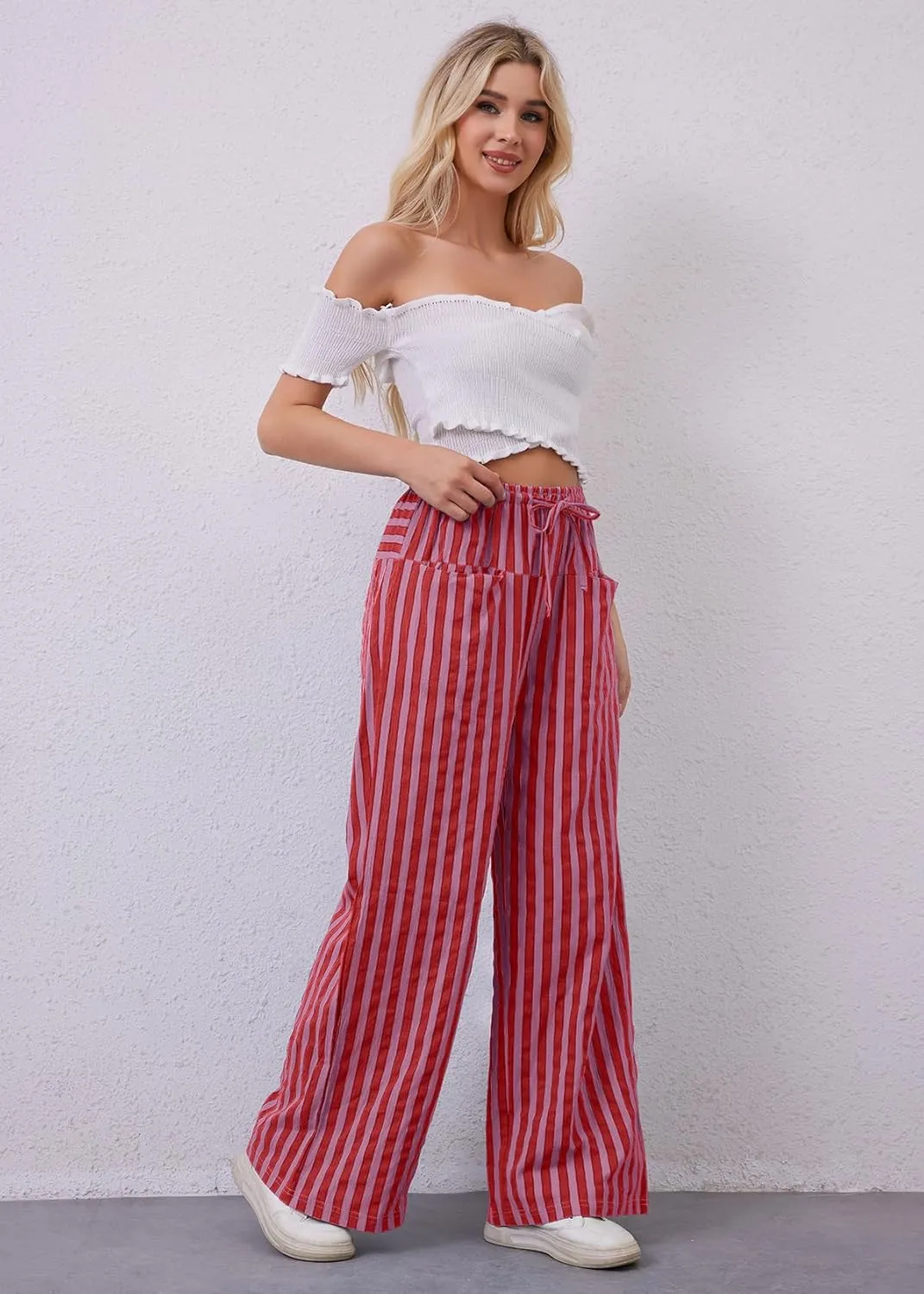 Women Loose Striped Wide Leg Pants Casual Drawstring Low Waist Pants Baggy Contrast Lounge Pants Straight Leg Trouser