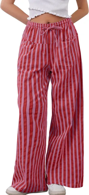 Women Loose Striped Wide Leg Pants Casual Drawstring Low Waist Pants Baggy Contrast Lounge Pants Straight Leg Trouser