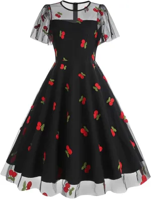 Women Mesh Floral Embroidery Vintage Cocktail Swing Dress Ruffle Sleeve Embroidered Floral Dress for Women Tulle Prom Dress