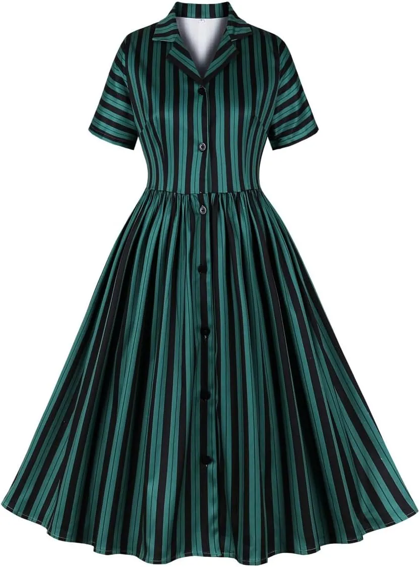 Women Notch Lapel Vintage V-Neck Cocktail Swing Dress 50s 60s Button up 1950s Rockabilly Prom Midi Evening Dress with Pockets