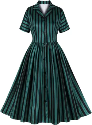Women Notch Lapel Vintage V-Neck Cocktail Swing Dress 50s 60s Button up 1950s Rockabilly Prom Midi Evening Dress with Pockets