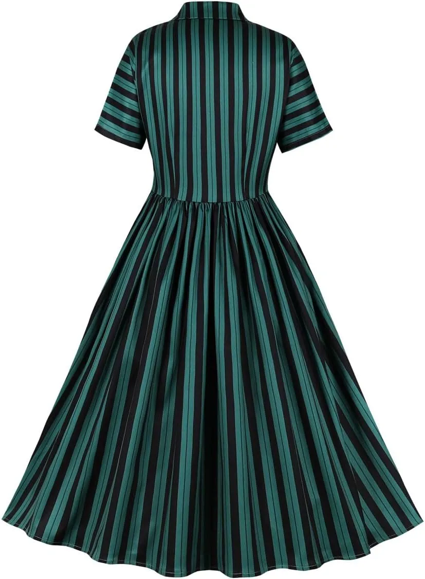 Women Notch Lapel Vintage V-Neck Cocktail Swing Dress 50s 60s Button up 1950s Rockabilly Prom Midi Evening Dress with Pockets
