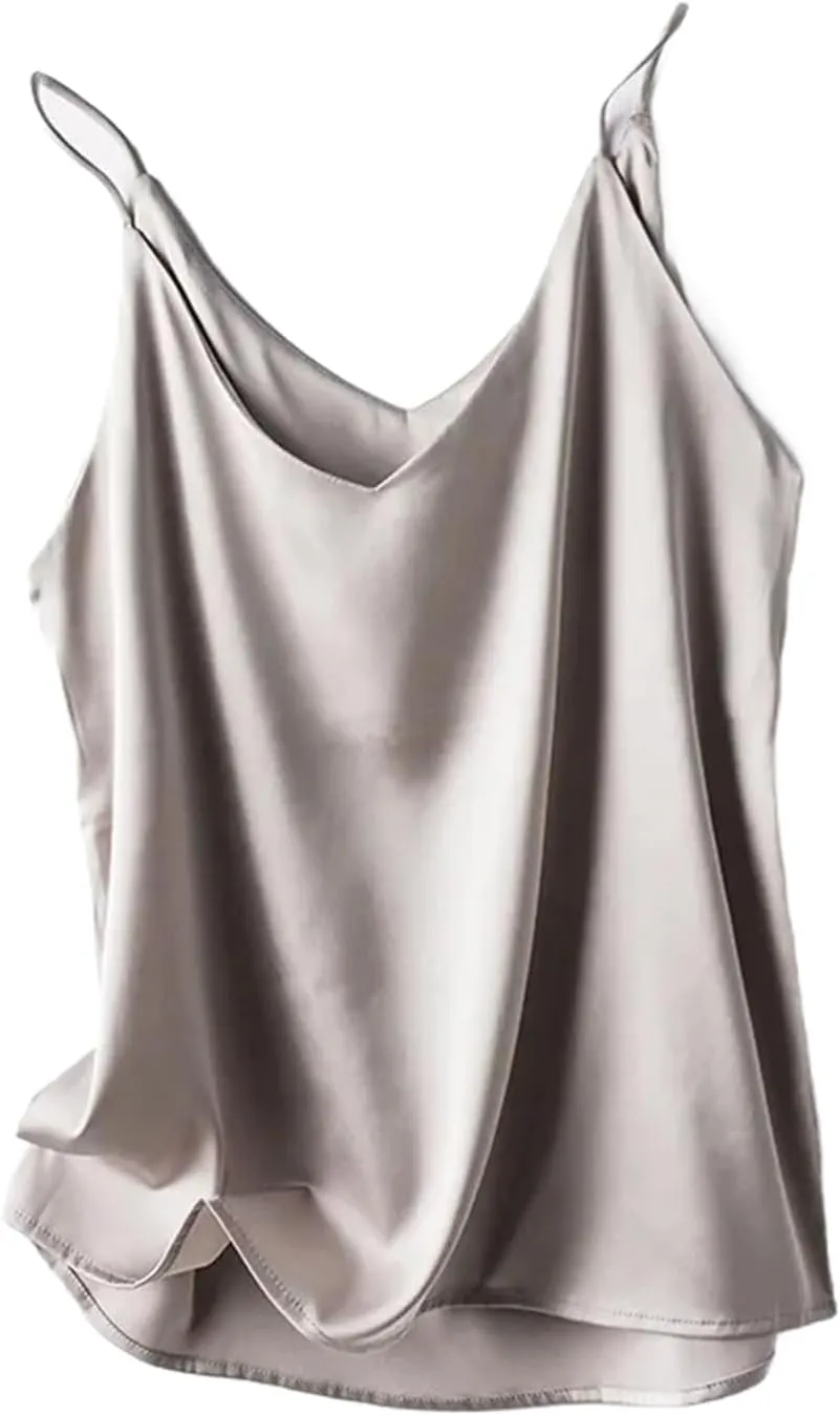 Women Silk Spaghetti Strap Scoop Neck Ribbed Tank Tops Slim Fitted Camisole Basic Sleeveless Shirts