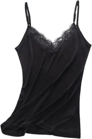 Women Spaghetti Strap Lace Patchwork Camisole Top Solid Color V-Neck Vest Cami Basic Cami