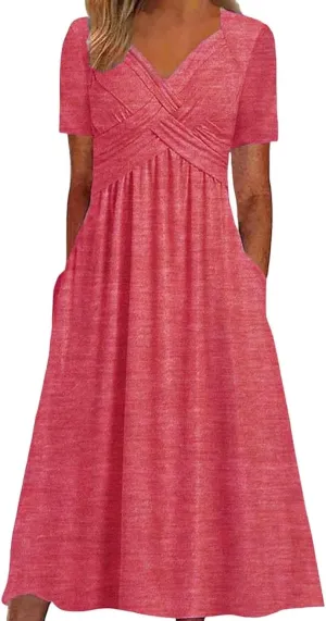 Women Summer Casual Dress V Neck Short Sleeve Pleated Maxi Beach Vacation Dresses with Pockets Boho Sundress