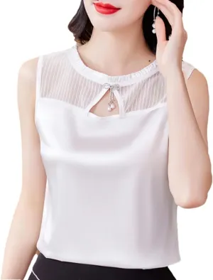 Women Summer Tank Top Sleeveless Silk Satin Shirt Casual Round Neck Hollow Out Patchwork Camisole Vest