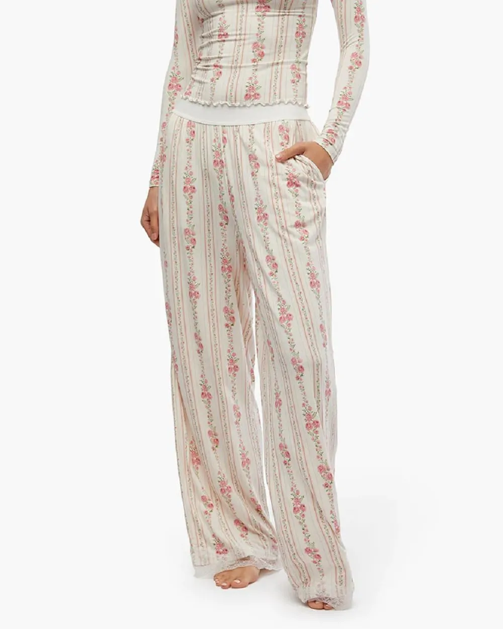 Women Y2K Floral 2 Piece Lounge Set Long Sleeve Button Down Shirt Top Wide Leg Long Pants Cute Pajama Outfit
