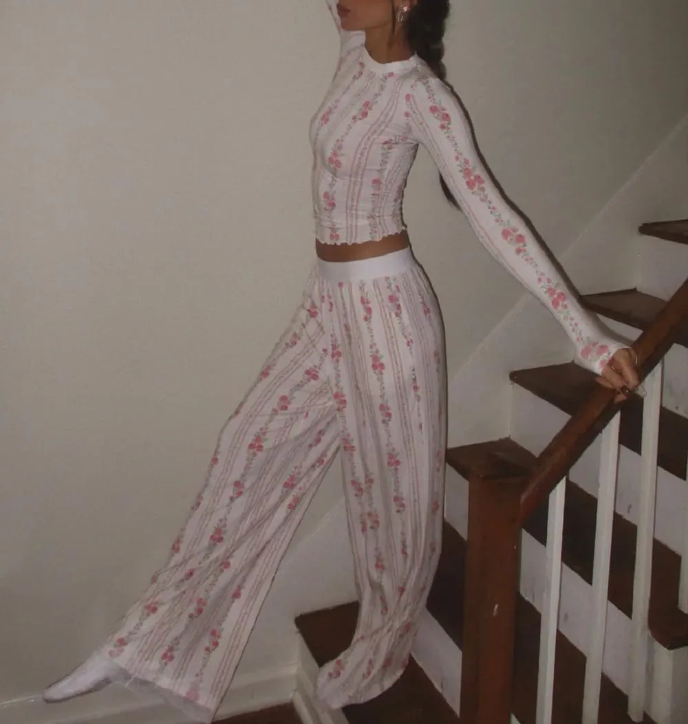 Women Y2K Floral 2 Piece Lounge Set Long Sleeve Button Down Shirt Top Wide Leg Long Pants Cute Pajama Outfit
