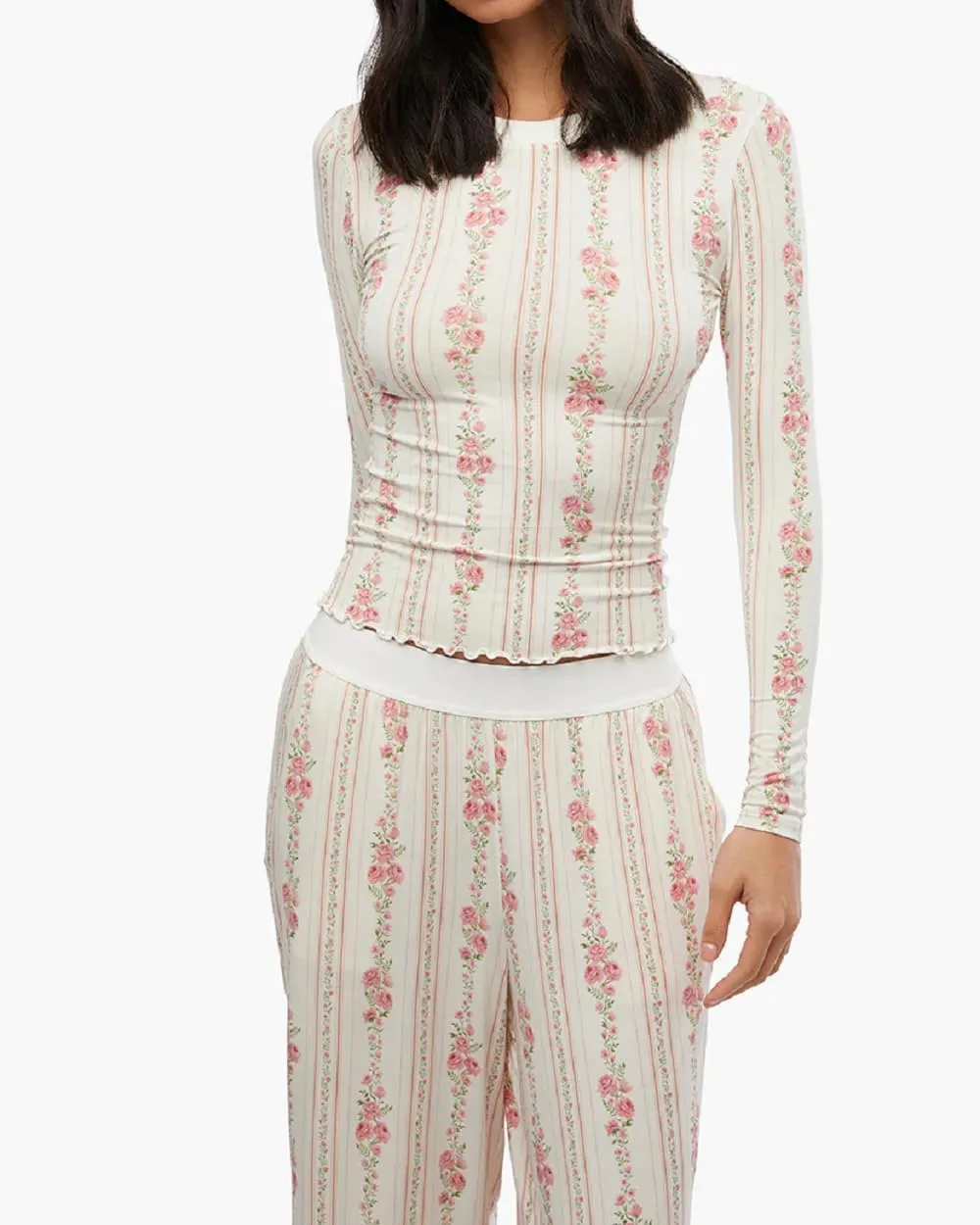 Women Y2K Floral 2 Piece Lounge Set Long Sleeve Button Down Shirt Top Wide Leg Long Pants Cute Pajama Outfit