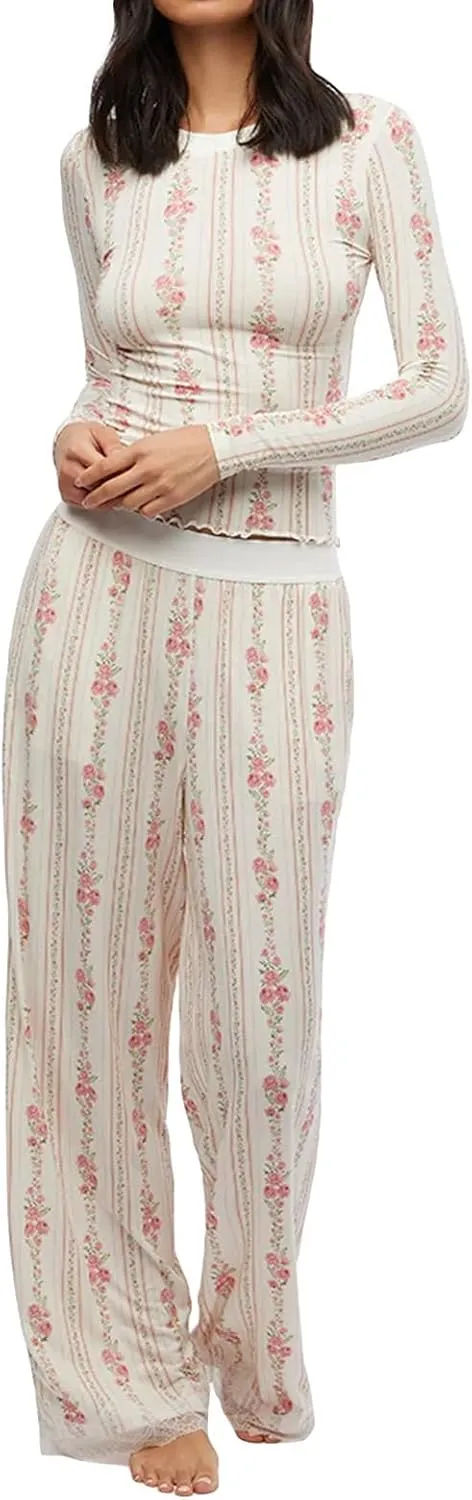 Women Y2K Floral 2 Piece Lounge Set Long Sleeve Button Down Shirt Top Wide Leg Long Pants Cute Pajama Outfit