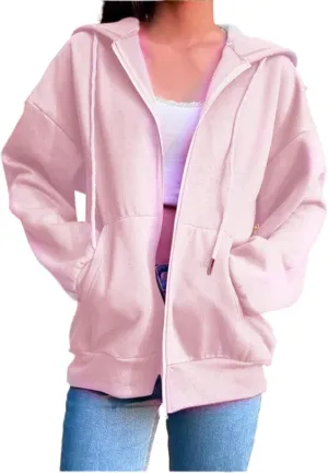 Women Zip Up Y2K Hoodie Fall Oversized Sweatshirts Casual Drawstring Hooded Pockets Jacket 2024 Long Sleeve Clothes