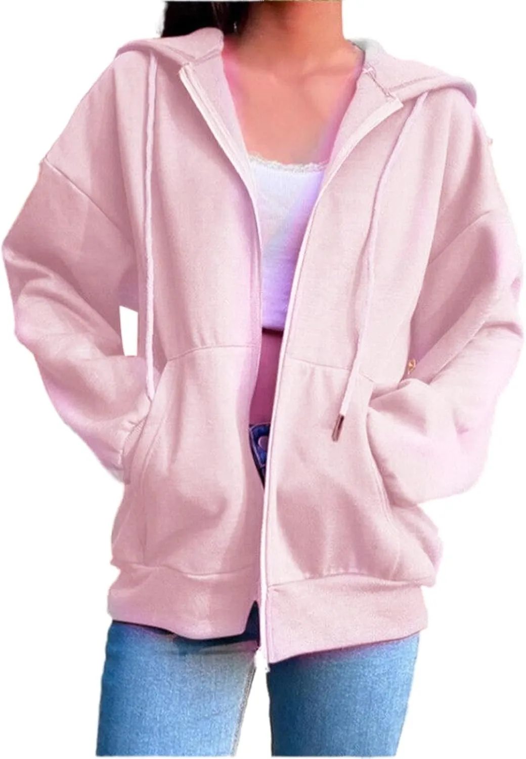 Women Zip Up Y2K Hoodie Fall Oversized Sweatshirts Casual Drawstring Hooded Pockets Jacket 2024 Long Sleeve Clothes