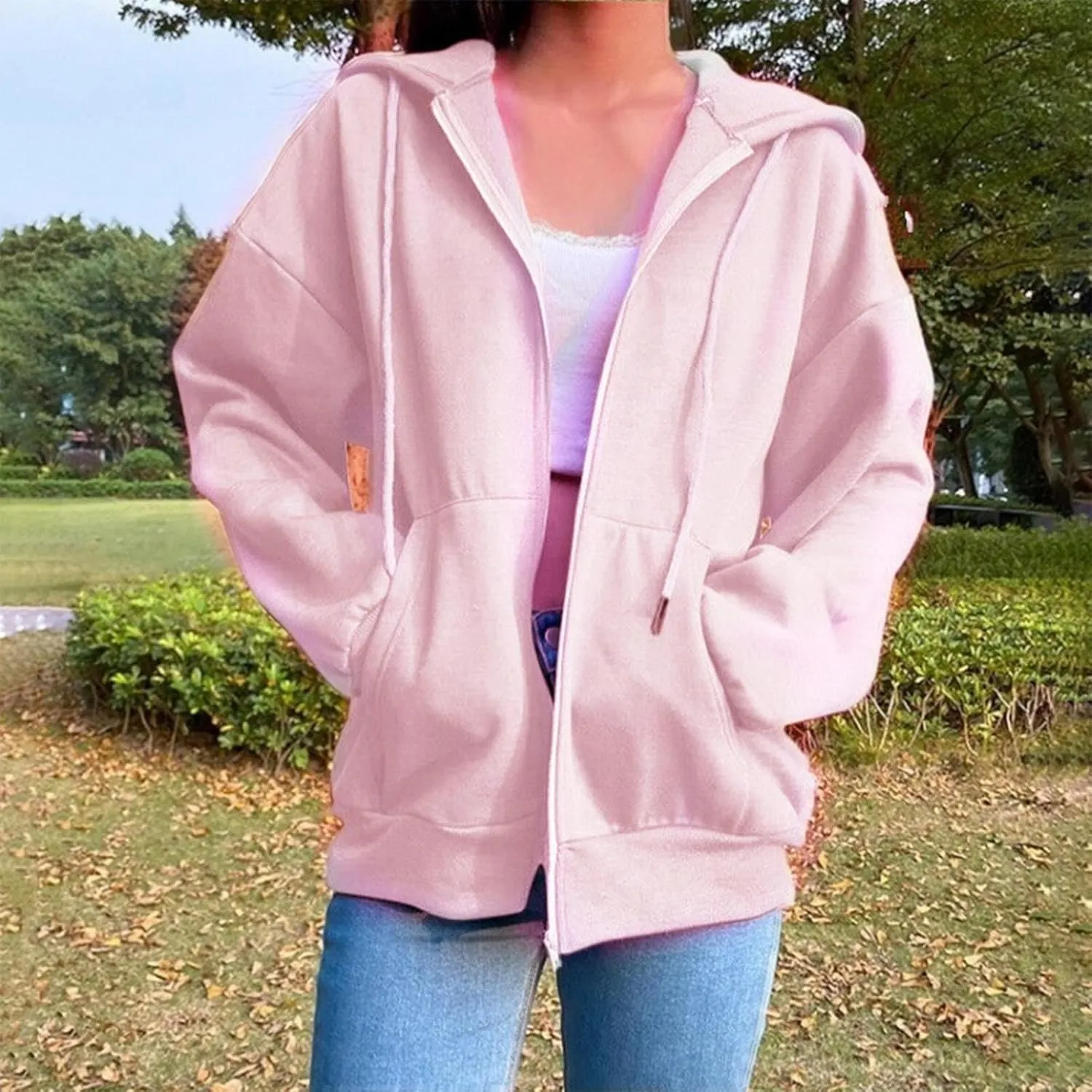 Women Zip Up Y2K Hoodie Fall Oversized Sweatshirts Casual Drawstring Hooded Pockets Jacket 2024 Long Sleeve Clothes