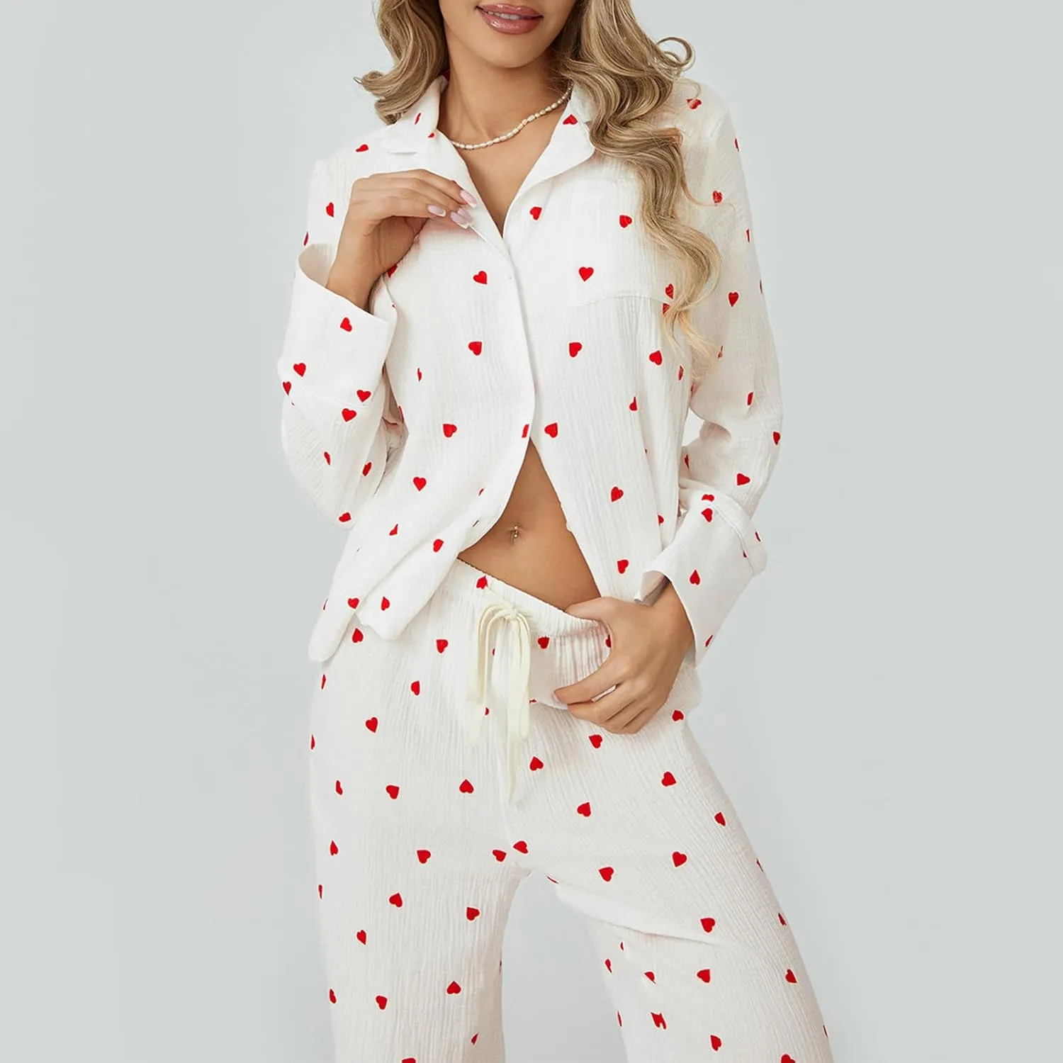 Womens 2 Piece Outfit Cotton Pajamas Pants Set Heart Print LongSleeve Button Shirt with Long Pants Loungewear