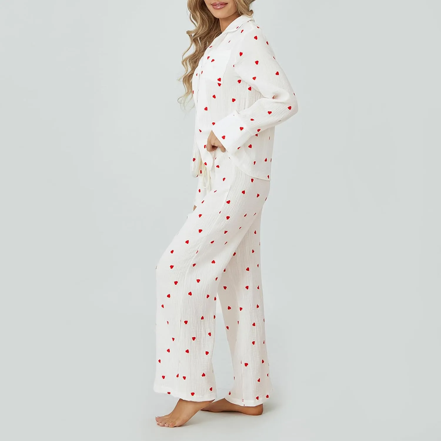 Womens 2 Piece Outfit Cotton Pajamas Pants Set Heart Print LongSleeve Button Shirt with Long Pants Loungewear