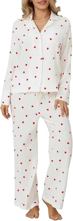 Womens 2 Piece Outfit Cotton Pajamas Pants Set Heart Print LongSleeve Button Shirt with Long Pants Loungewear