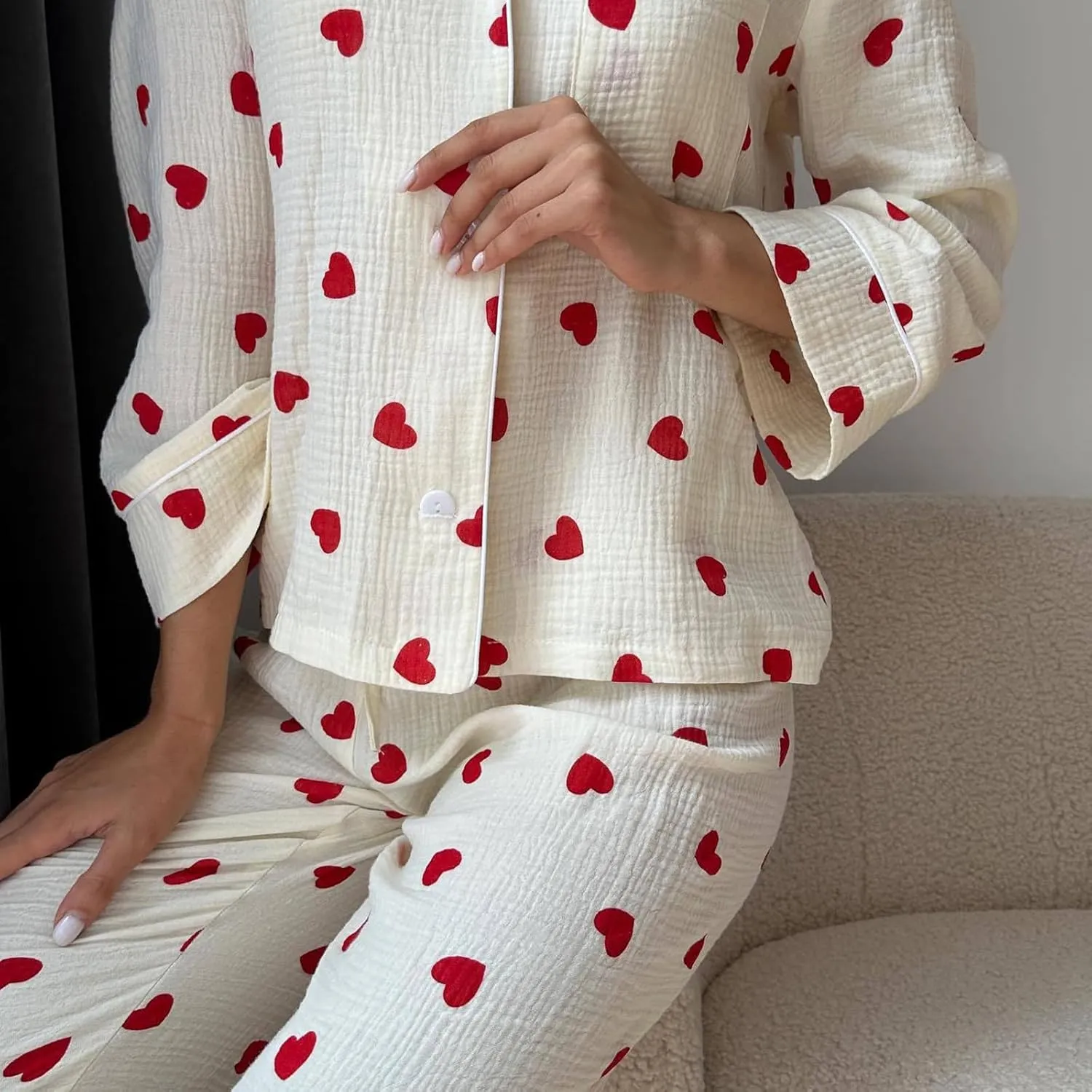 Womens 2 Piece Outfit Cotton Pajamas Pants Set Heart Print LongSleeve Button Shirt with Long Pants Loungewear