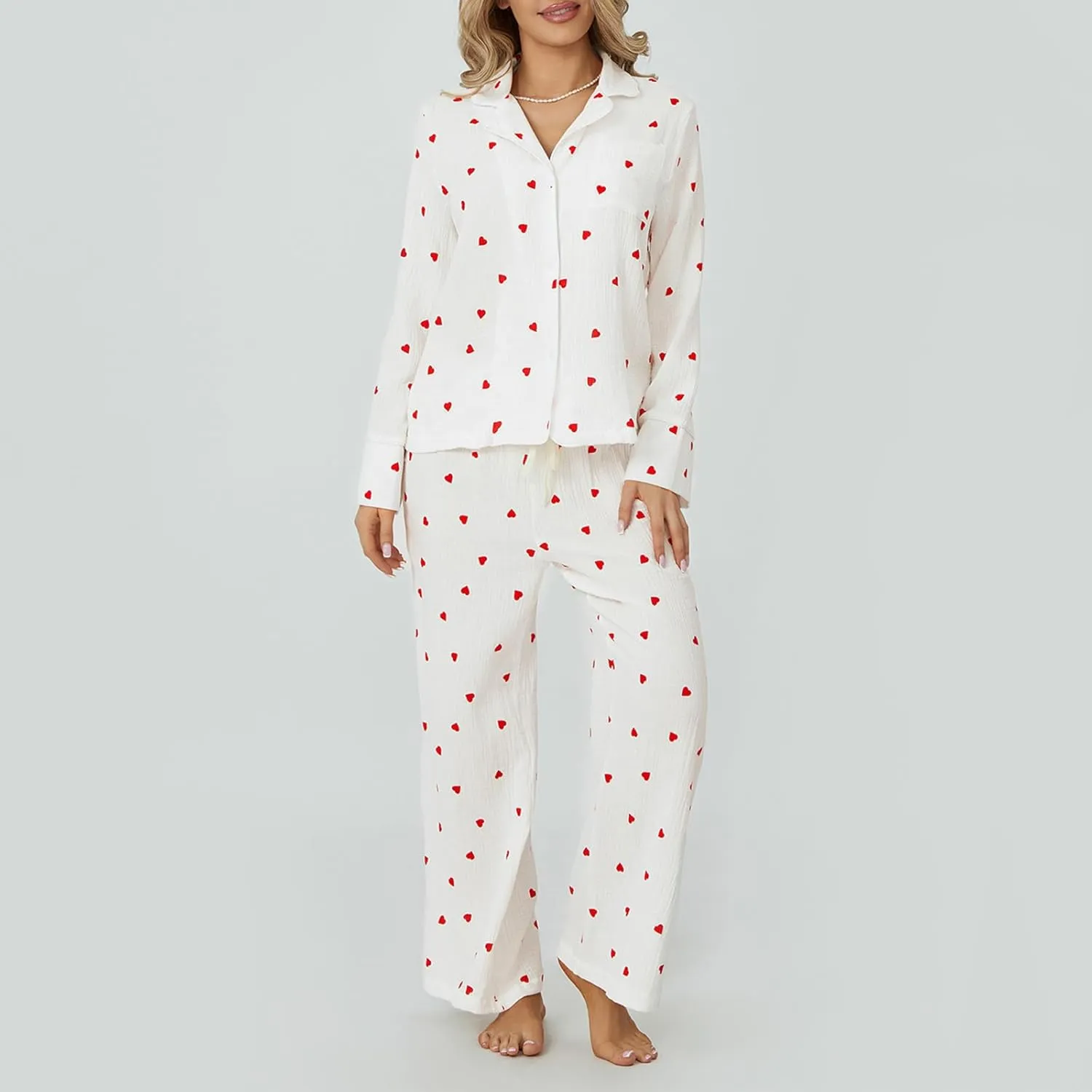 Womens 2 Piece Outfit Cotton Pajamas Pants Set Heart Print LongSleeve Button Shirt with Long Pants Loungewear