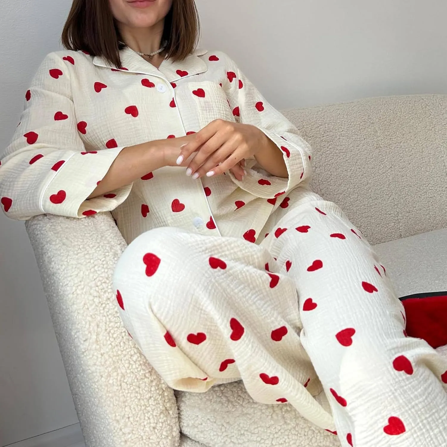 Womens 2 Piece Outfit Cotton Pajamas Pants Set Heart Print LongSleeve Button Shirt with Long Pants Loungewear