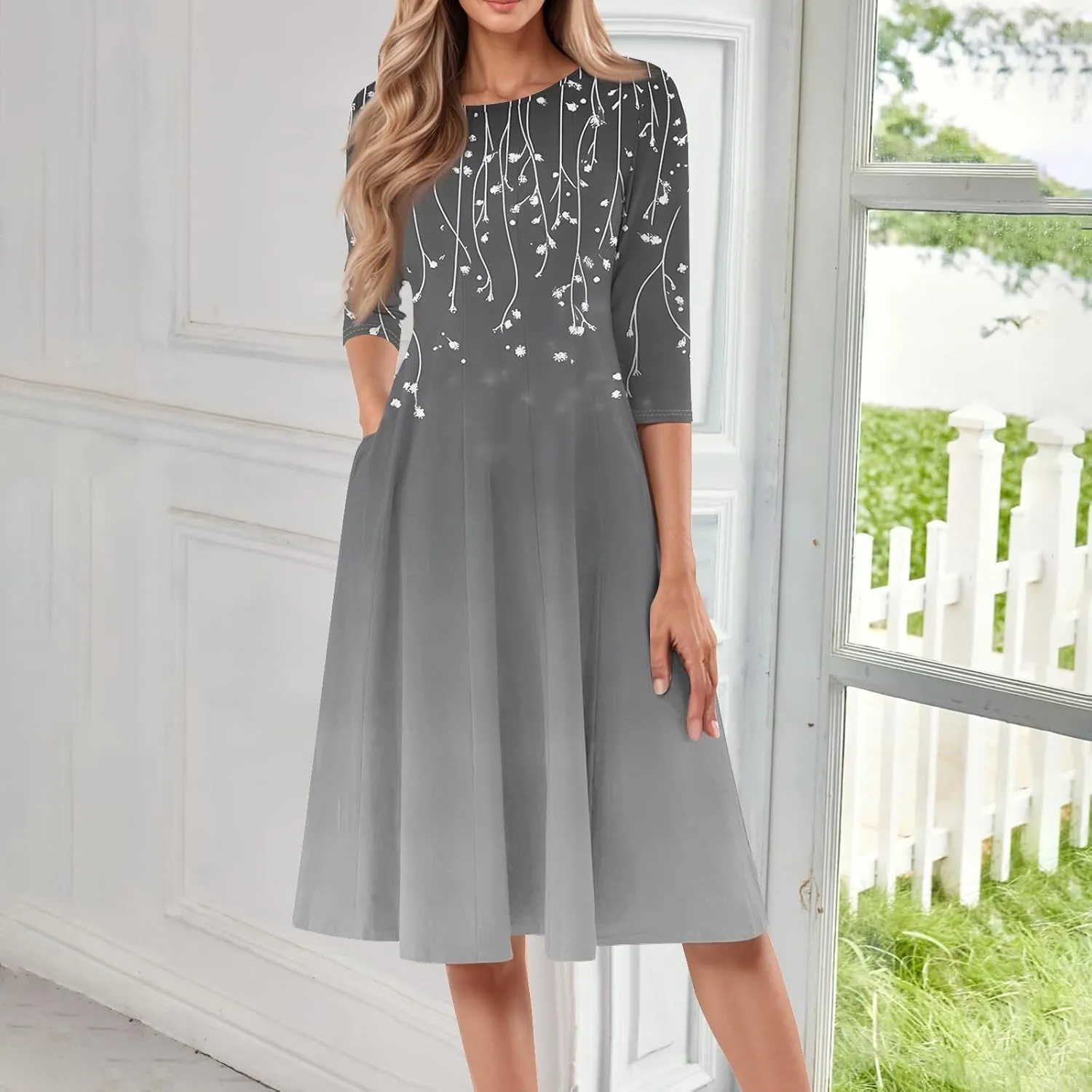 Women's 3/4 Sleeve Midi Dress Casual Round Neck Summer Dresses 2025 A Line Floral Print Curvy Dress with Pockets
