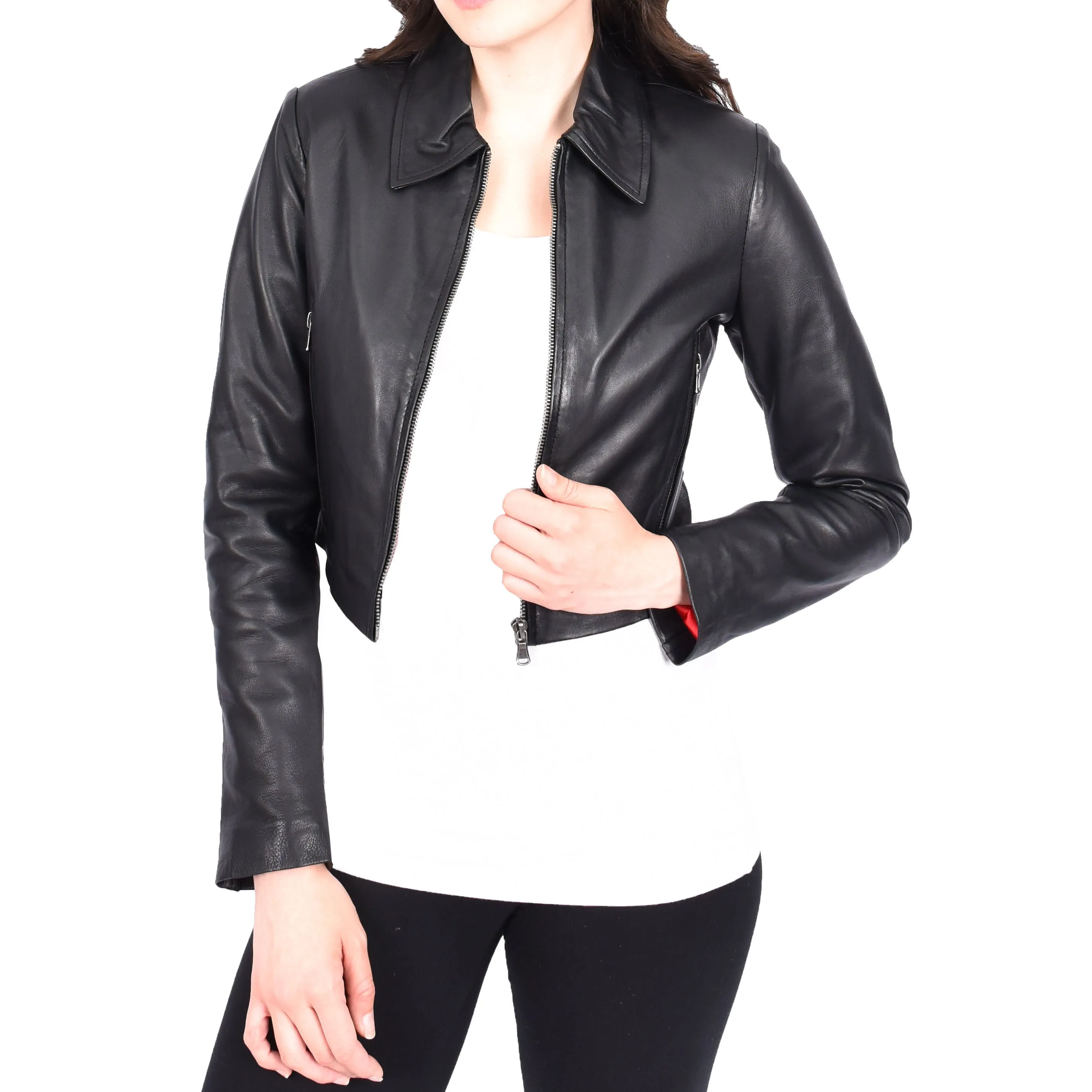 Womens Black Cropped Leather Bolero Jacket Slim Fit Zip Fasten Bustier Chiquita