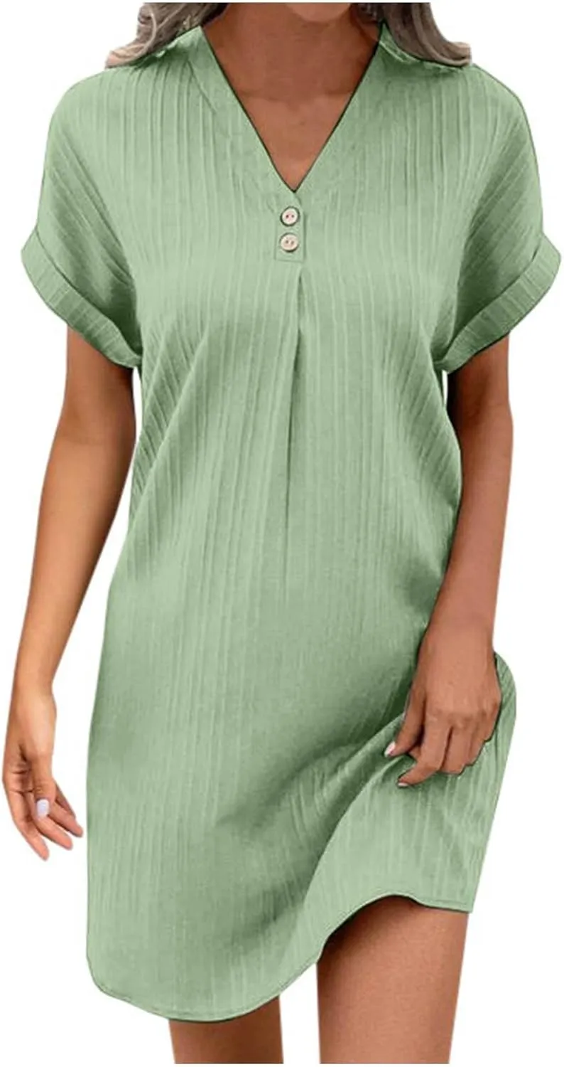 Womens Button Down Summer Dress 2025 Spring Flutter Sleeve Cotton Linen Dress Plus Size Beach A Line Casual Dress