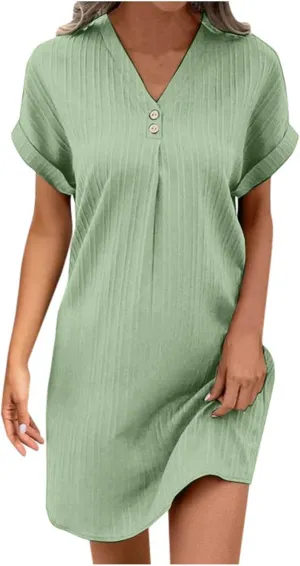 Womens Button Down Summer Dress 2025 Spring Flutter Sleeve Cotton Linen Dress Plus Size Beach A Line Casual Dress