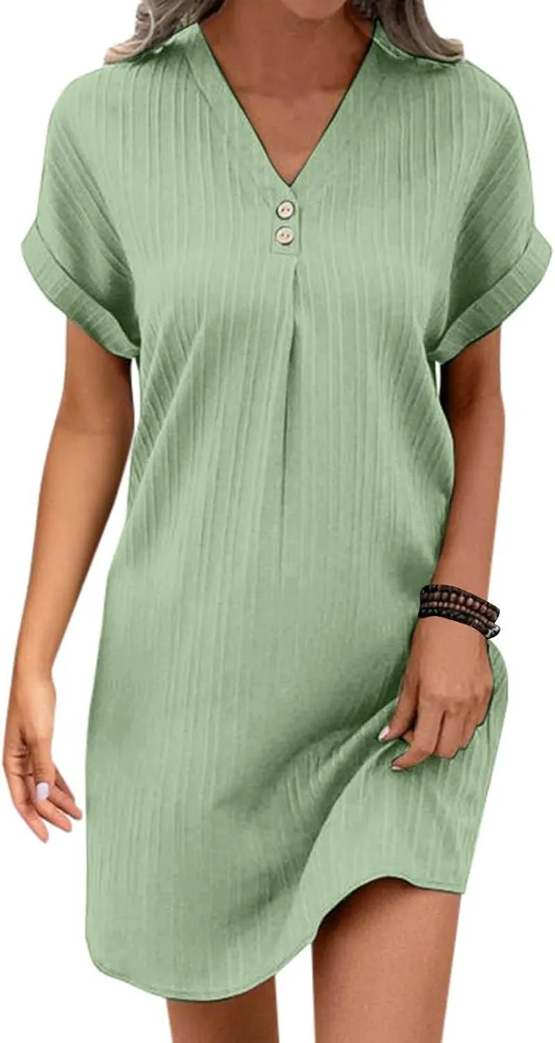 Womens Button Down Summer Dress 2025 Spring Flutter Sleeve Cotton Linen Dress Plus Size Beach A Line Casual Dress