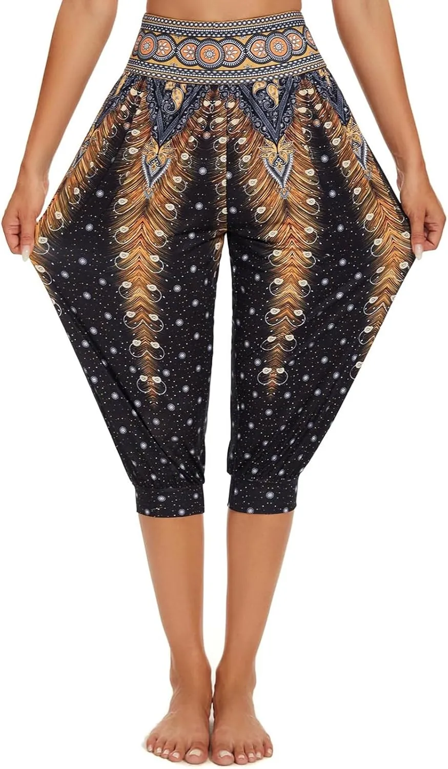 Women's Capri Harem Pants Printed High Waist Yoga Boho Trousers High Rise Wide Leg Cropped Beach Yoga Sweatpants with Pockets