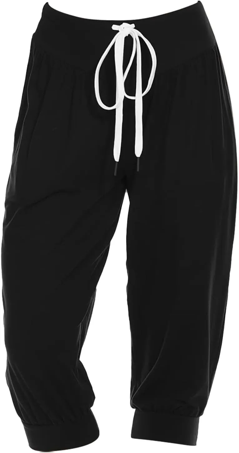 Women's Capri Harem Pants Printed High Waist Yoga Boho Trousers High Rise Wide Leg Cropped Beach Yoga Sweatpants with Pockets