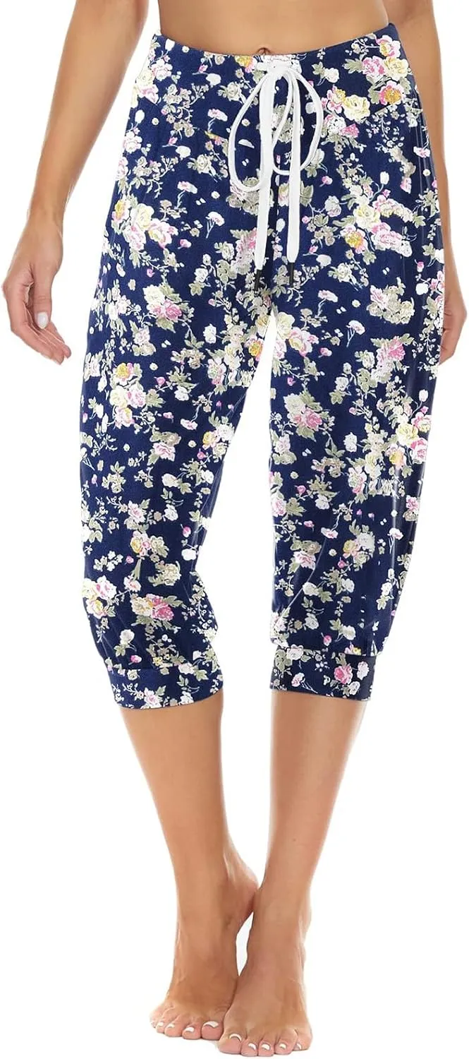 Women's Capri Harem Pants Printed High Waist Yoga Boho Trousers High Rise Wide Leg Cropped Beach Yoga Sweatpants with Pockets
