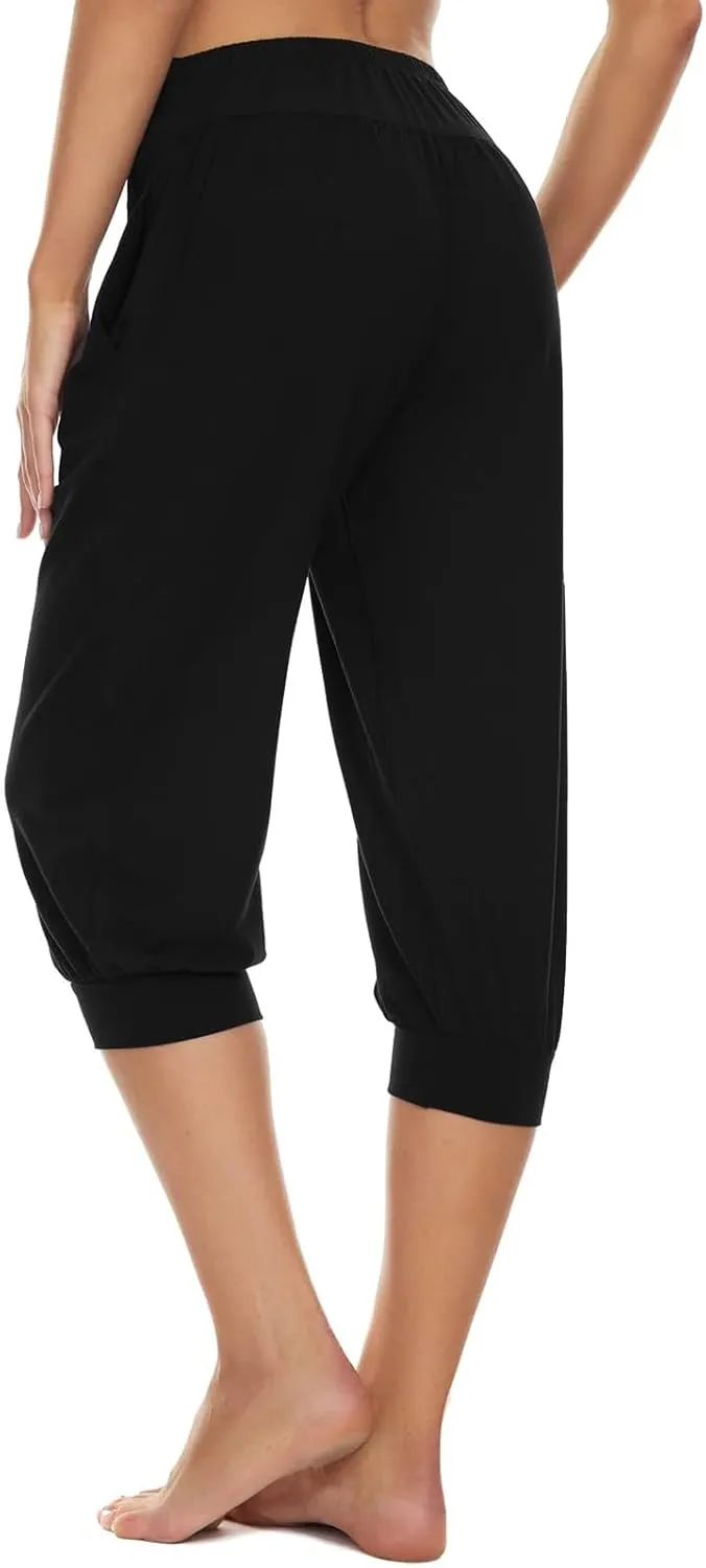 Women's Capri Harem Pants Printed High Waist Yoga Boho Trousers High Rise Wide Leg Cropped Beach Yoga Sweatpants with Pockets