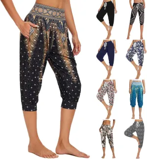 Women's Capri Harem Pants Printed High Waist Yoga Boho Trousers High Rise Wide Leg Cropped Beach Yoga Sweatpants with Pockets