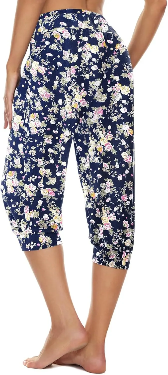 Women's Capri Harem Pants Printed High Waist Yoga Boho Trousers High Rise Wide Leg Cropped Beach Yoga Sweatpants with Pockets