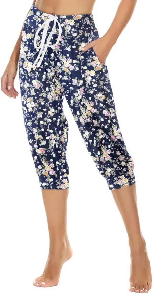 Women's Capri Harem Pants Printed High Waist Yoga Boho Trousers High Rise Wide Leg Cropped Beach Yoga Sweatpants with Pockets