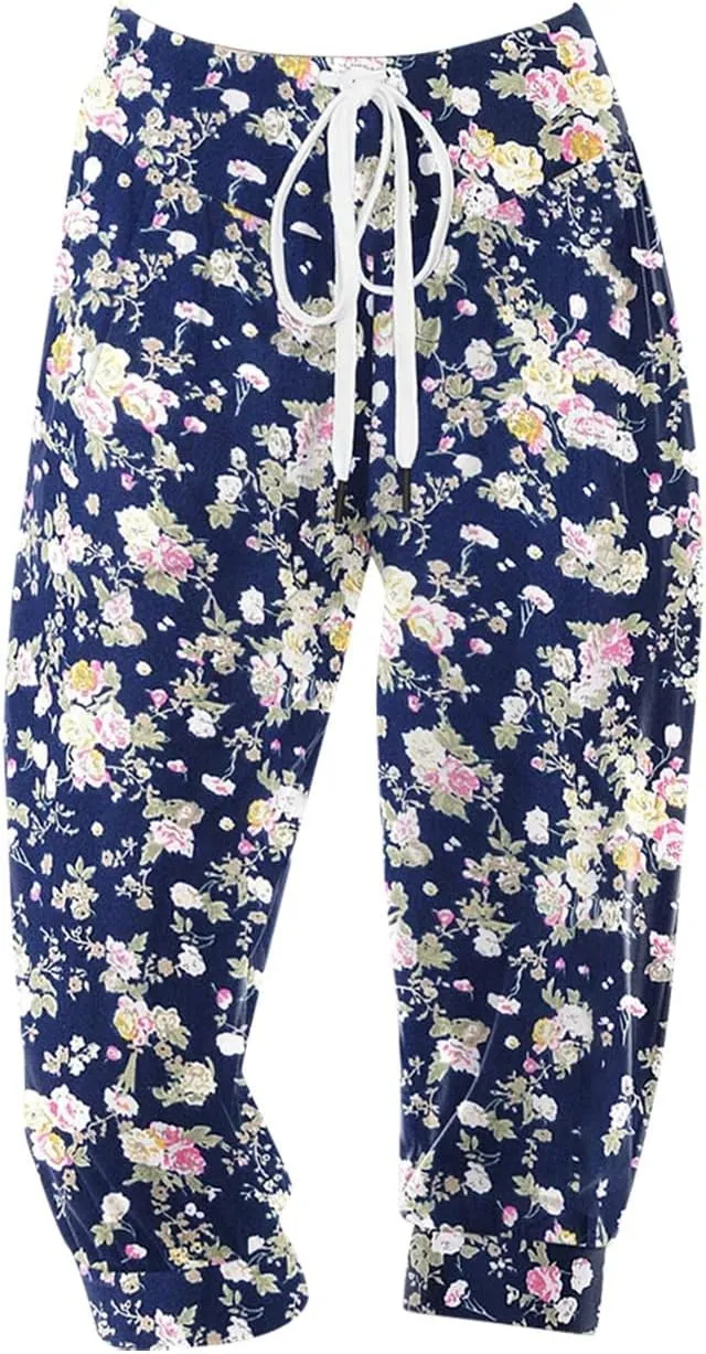 Women's Capri Harem Pants Printed High Waist Yoga Boho Trousers High Rise Wide Leg Cropped Beach Yoga Sweatpants with Pockets