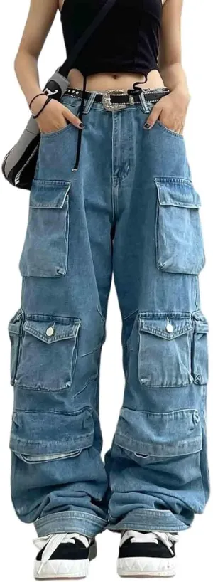 Women's Cargo Pants Y2K Clothing Multi-Pocket Relaxed Fit Jeans Grunge Clothes Alt Emo Hip Streetwear
