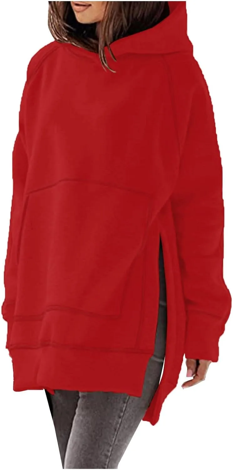 Women's Casual Long Hoodies Oversized Thick Fleece Solid Color Hooded Sweatshirt Pullover Side Split High Low Hem Tops