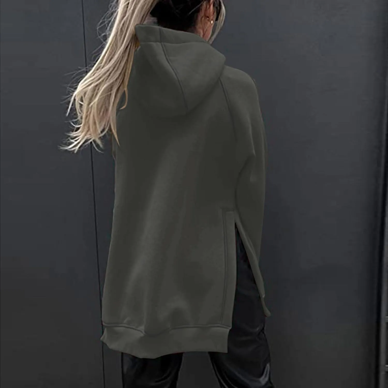 Women's Casual Long Hoodies Oversized Thick Fleece Solid Color Hooded Sweatshirt Pullover Side Split High Low Hem Tops