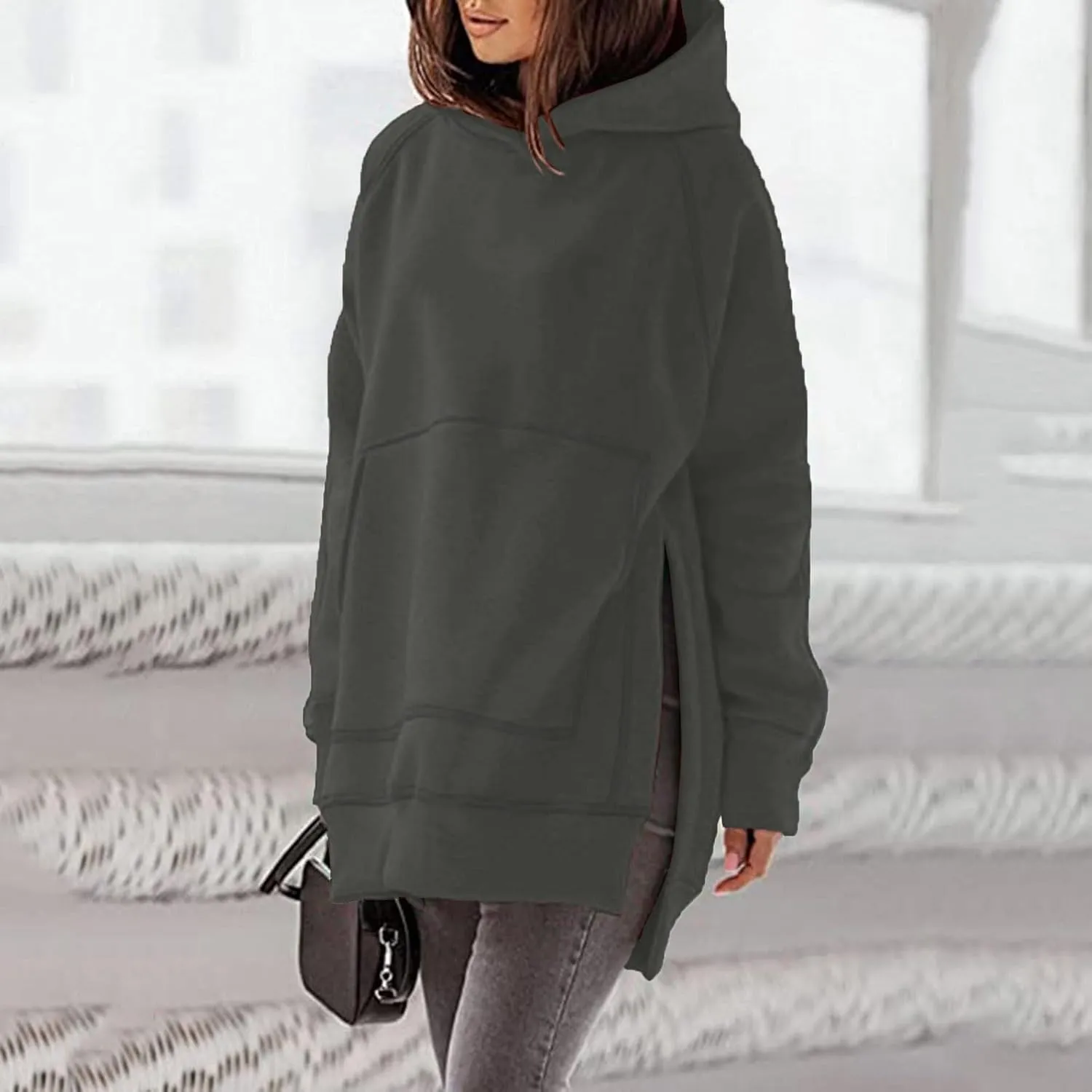 Women's Casual Long Hoodies Oversized Thick Fleece Solid Color Hooded Sweatshirt Pullover Side Split High Low Hem Tops