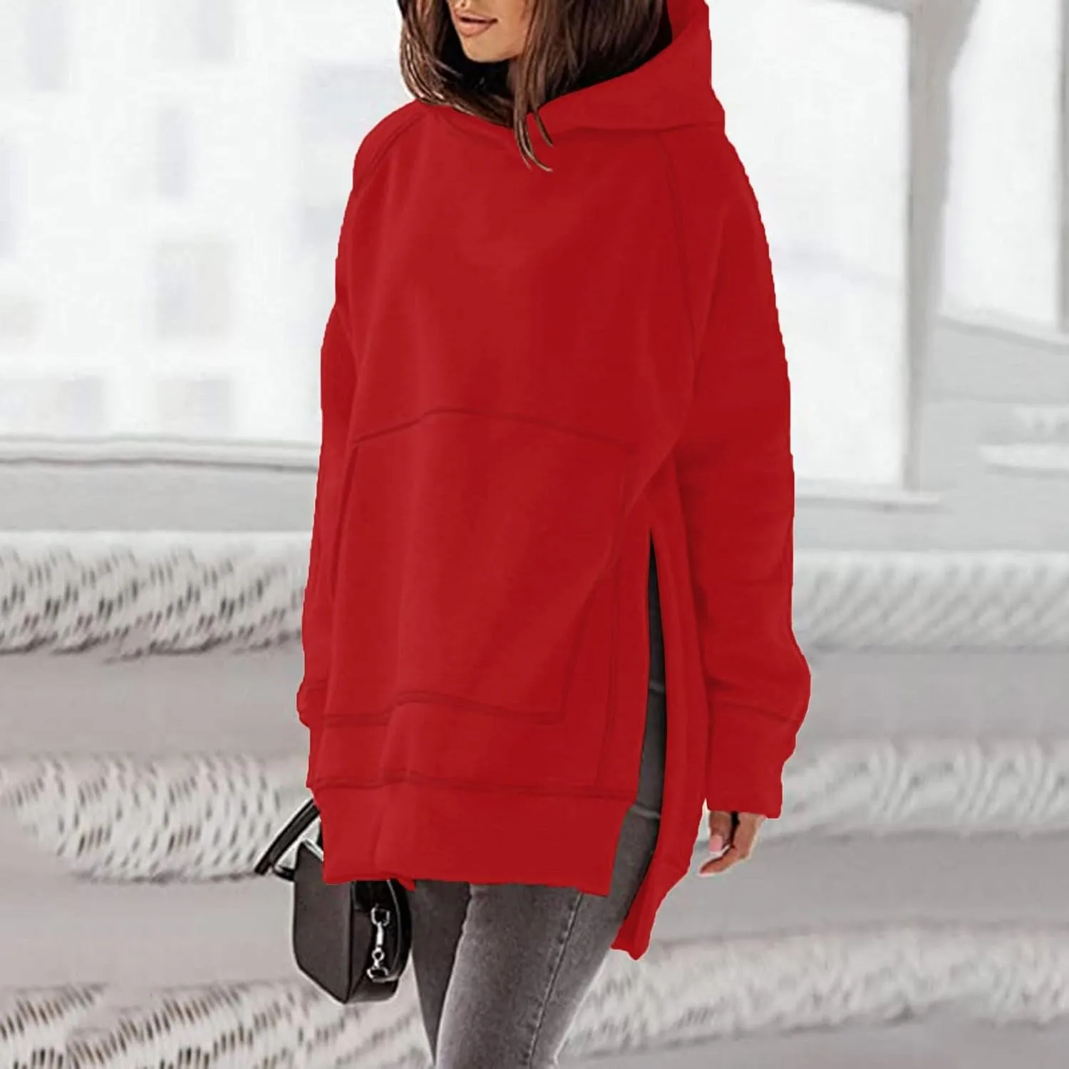 Women's Casual Long Hoodies Oversized Thick Fleece Solid Color Hooded Sweatshirt Pullover Side Split High Low Hem Tops