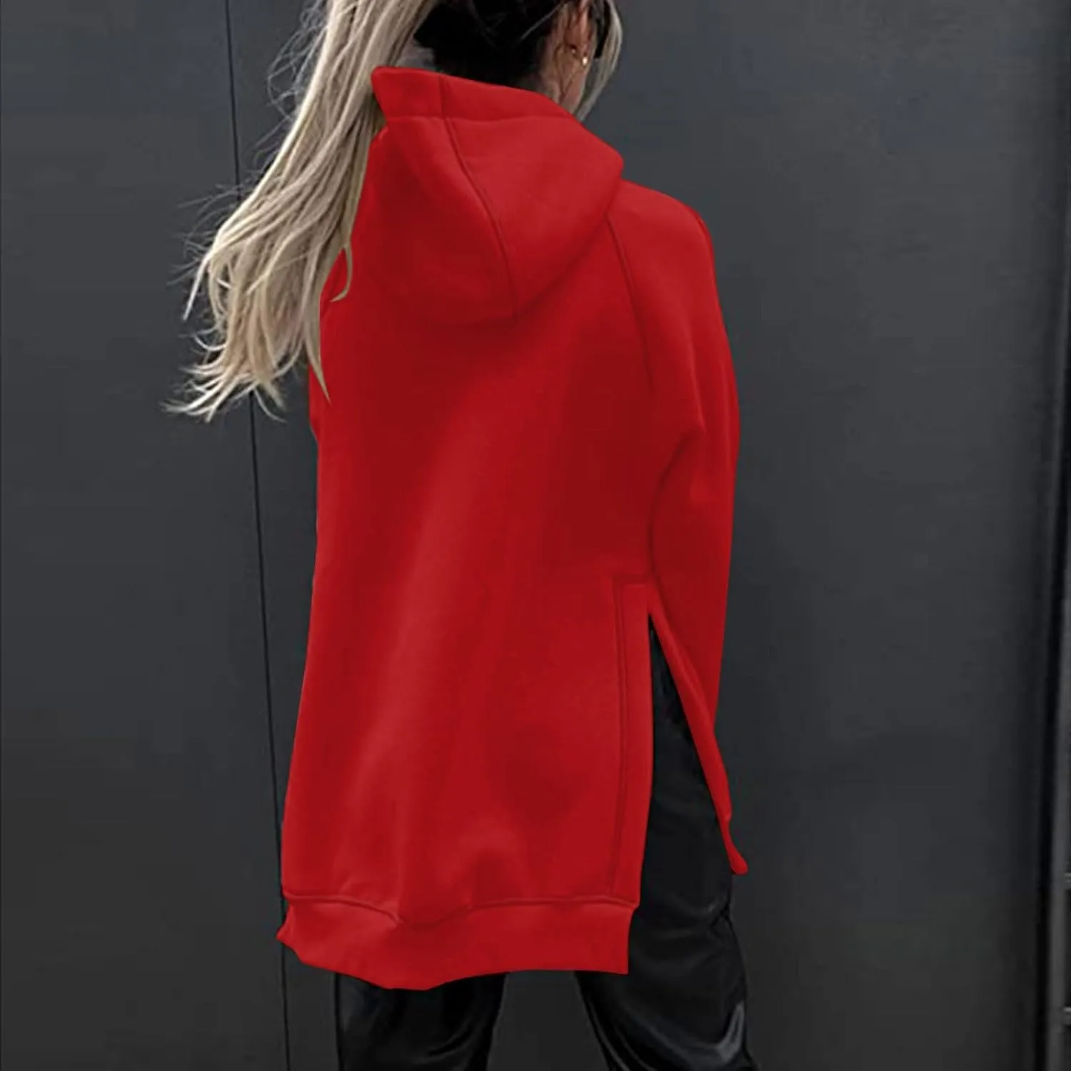 Women's Casual Long Hoodies Oversized Thick Fleece Solid Color Hooded Sweatshirt Pullover Side Split High Low Hem Tops
