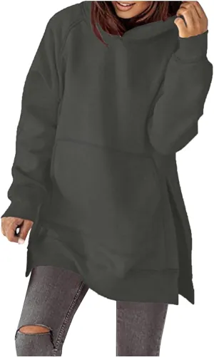 Women's Casual Long Hoodies Oversized Thick Fleece Solid Color Hooded Sweatshirt Pullover Side Split High Low Hem Tops