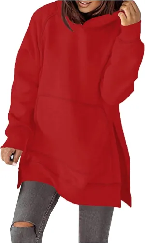 Women's Casual Long Hoodies Oversized Thick Fleece Solid Color Hooded Sweatshirt Pullover Side Split High Low Hem Tops