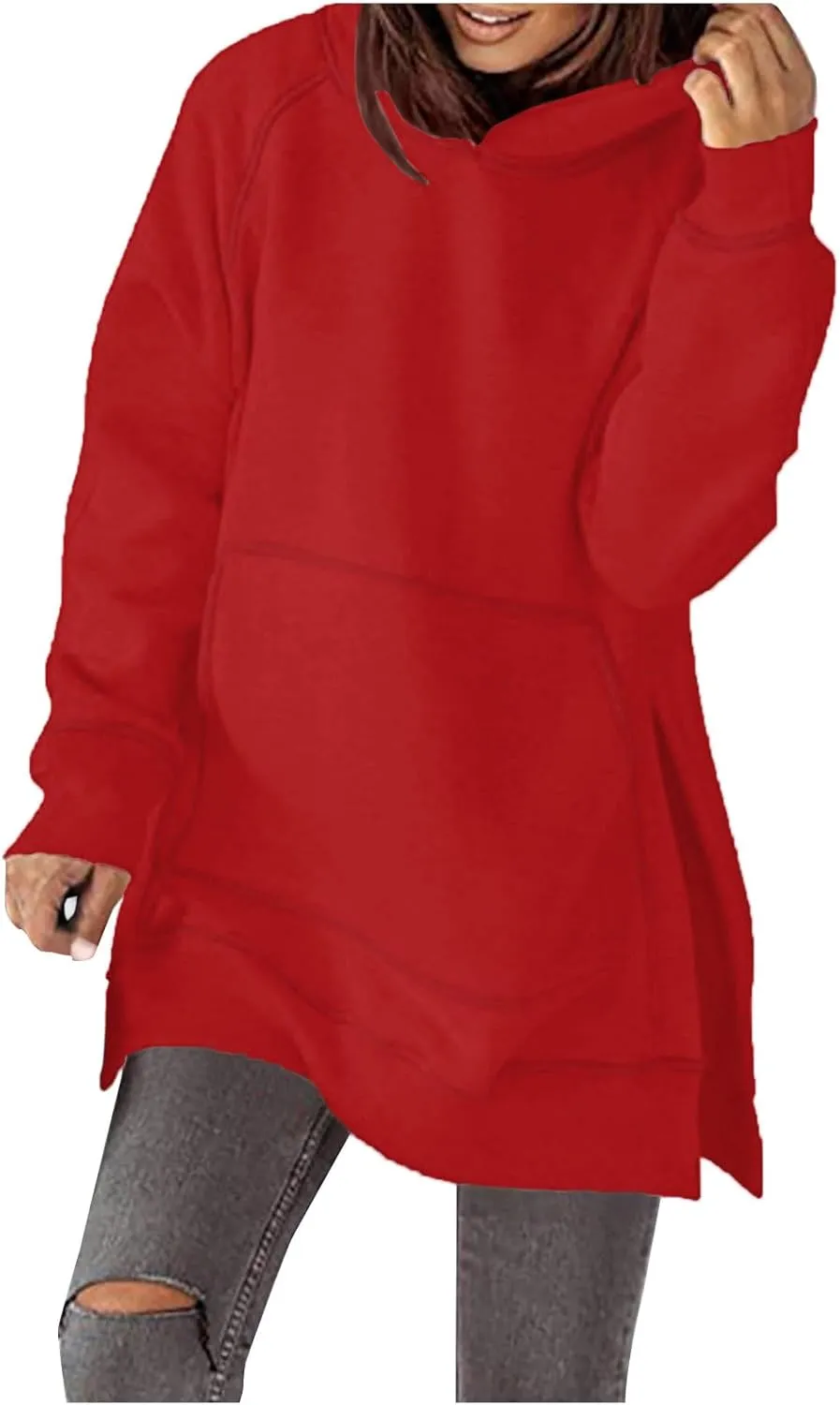 Women's Casual Long Hoodies Oversized Thick Fleece Solid Color Hooded Sweatshirt Pullover Side Split High Low Hem Tops