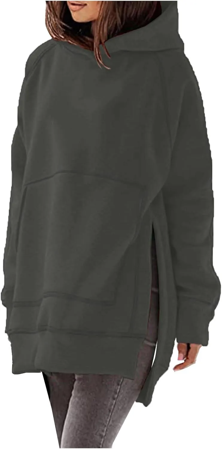 Women's Casual Long Hoodies Oversized Thick Fleece Solid Color Hooded Sweatshirt Pullover Side Split High Low Hem Tops
