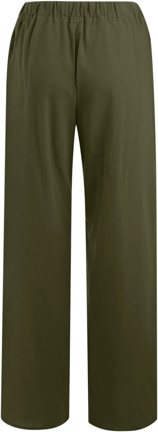 Women's Cotton Linen Pants Summer Wide Leg Pants Casual Loose Drawstring High Waist Palazzo Pants Trousers Pockets