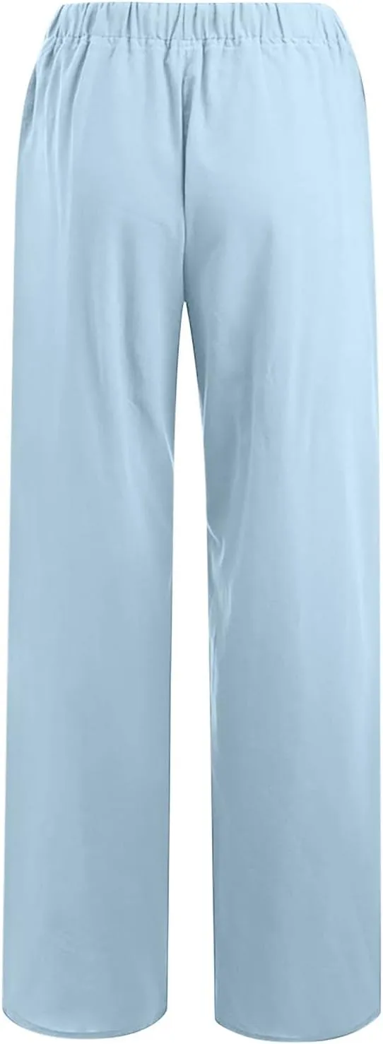 Women's Cotton Linen Pants Summer Wide Leg Pants Casual Loose Drawstring High Waist Palazzo Pants Trousers Pockets
