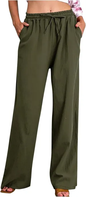 Women's Cotton Linen Pants Summer Wide Leg Pants Casual Loose Drawstring High Waist Palazzo Pants Trousers Pockets