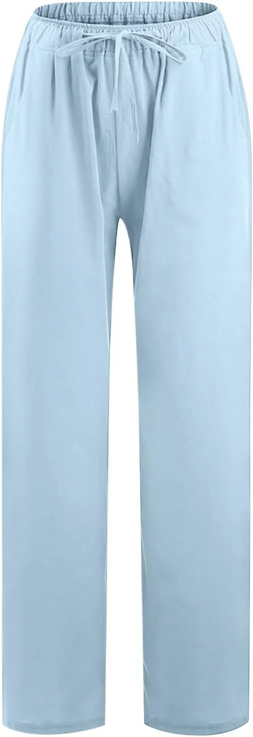 Women's Cotton Linen Pants Summer Wide Leg Pants Casual Loose Drawstring High Waist Palazzo Pants Trousers Pockets